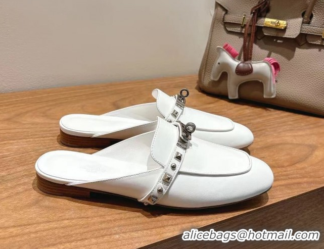 Durable Hermes Oz Flat Mules in Calfskin with Kelly Buckle and Studs White 0421007