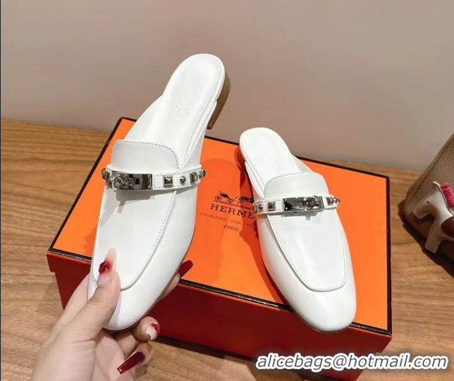 Durable Hermes Oz Flat Mules in Calfskin with Kelly Buckle and Studs White 0421007