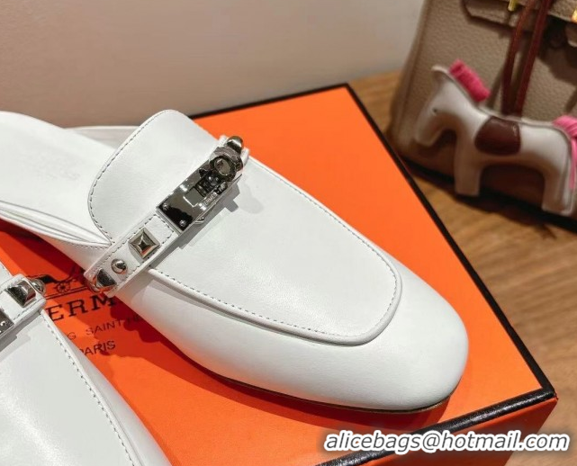 Durable Hermes Oz Flat Mules in Calfskin with Kelly Buckle and Studs White 0421007