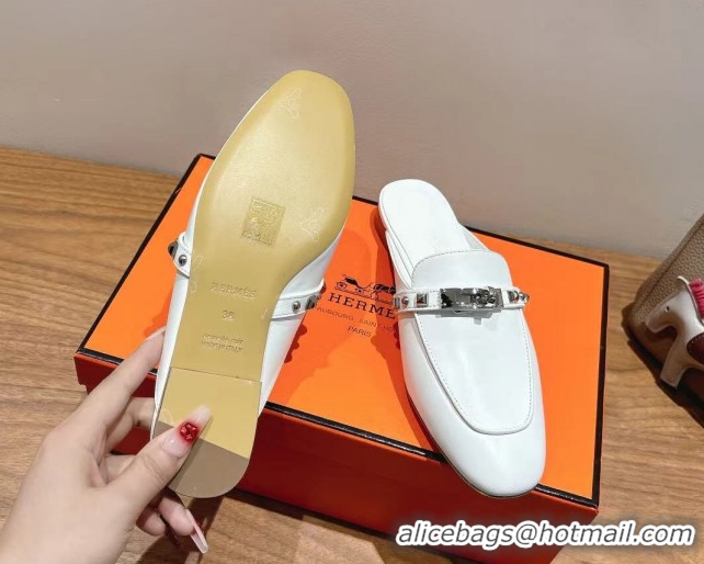Durable Hermes Oz Flat Mules in Calfskin with Kelly Buckle and Studs White 0421007