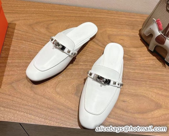 Durable Hermes Oz Flat Mules in Calfskin with Kelly Buckle and Studs White 0421007