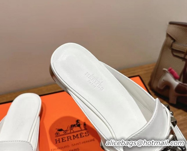 Durable Hermes Oz Flat Mules in Calfskin with Kelly Buckle and Studs White 0421007