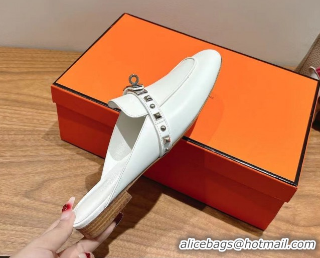 Durable Hermes Oz Flat Mules in Calfskin with Kelly Buckle and Studs White 0421007