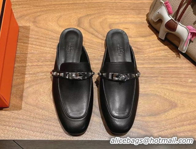 Best Grade Hermes Oz Flat Mules in Calfskin with Kelly Buckle and Studs Black 0421008