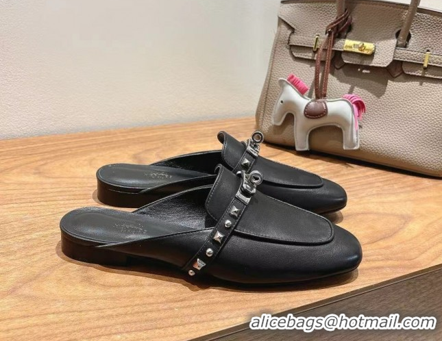 Best Grade Hermes Oz Flat Mules in Calfskin with Kelly Buckle and Studs Black 0421008