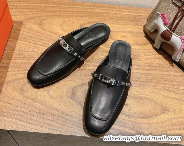Best Grade Hermes Oz Flat Mules in Calfskin with Kelly Buckle and Studs Black 0421008