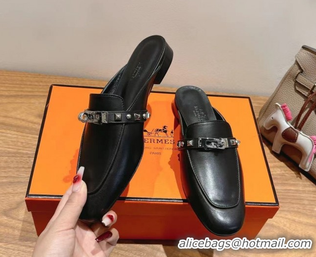 Best Grade Hermes Oz Flat Mules in Calfskin with Kelly Buckle and Studs Black 0421008