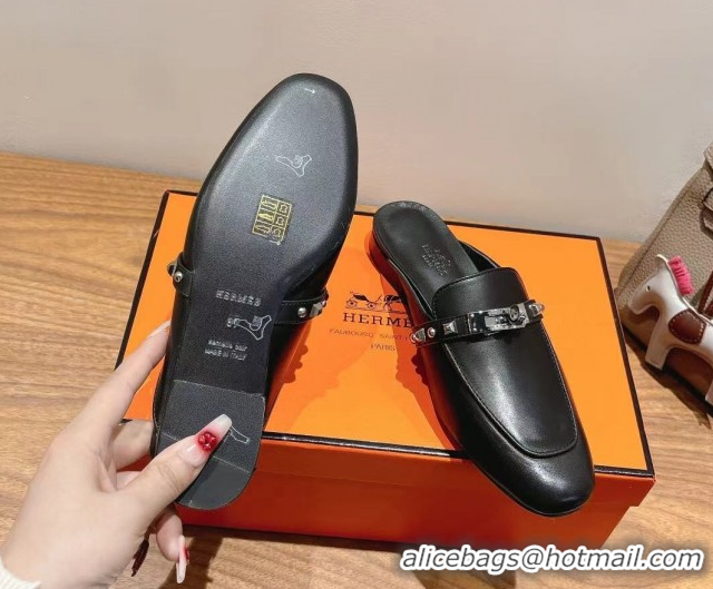 Best Grade Hermes Oz Flat Mules in Calfskin with Kelly Buckle and Studs Black 0421008