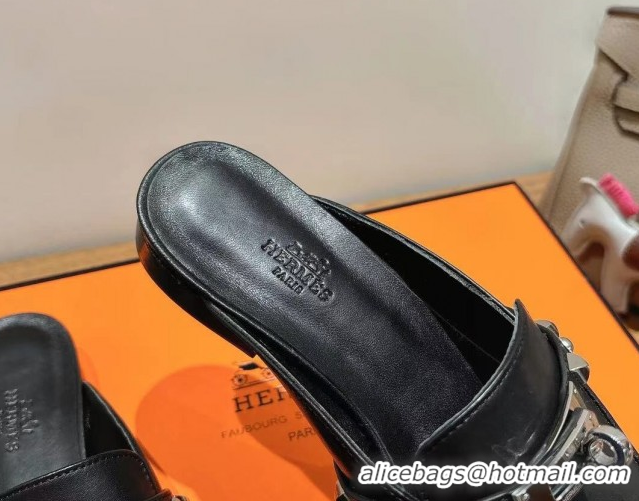 Best Grade Hermes Oz Flat Mules in Calfskin with Kelly Buckle and Studs Black 0421008