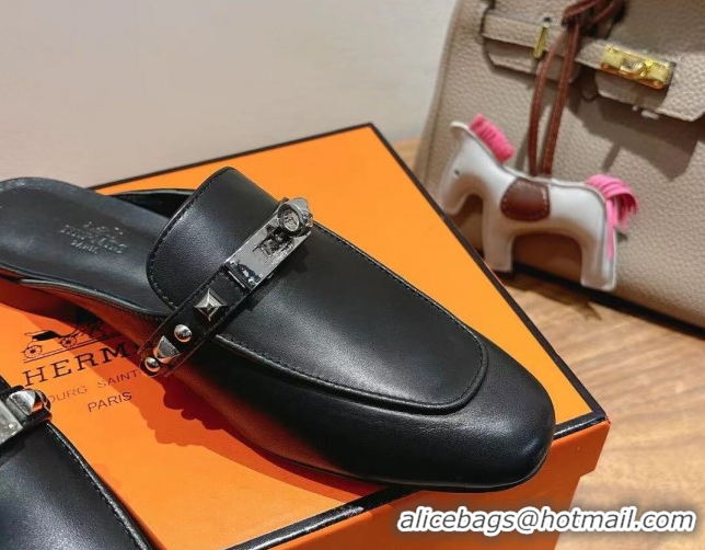 Best Grade Hermes Oz Flat Mules in Calfskin with Kelly Buckle and Studs Black 0421008