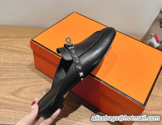 Best Grade Hermes Oz Flat Mules in Calfskin with Kelly Buckle and Studs Black 0421008