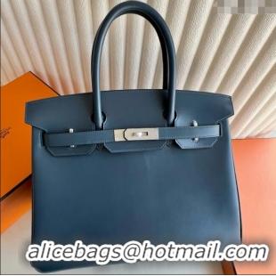 Best Price Hermes Birkin 30cm Bag in Original Box Leather H030 7P Prussian Blue/Silver 2025 (Full Handmade)