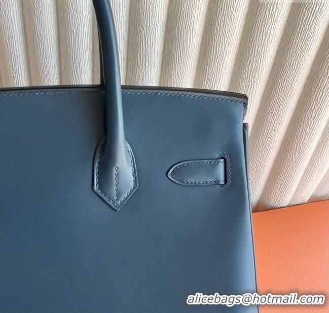 Best Price Hermes Birkin 30cm Bag in Original Box Leather H030 7P Prussian Blue/Silver 2025 (Full Handmade)