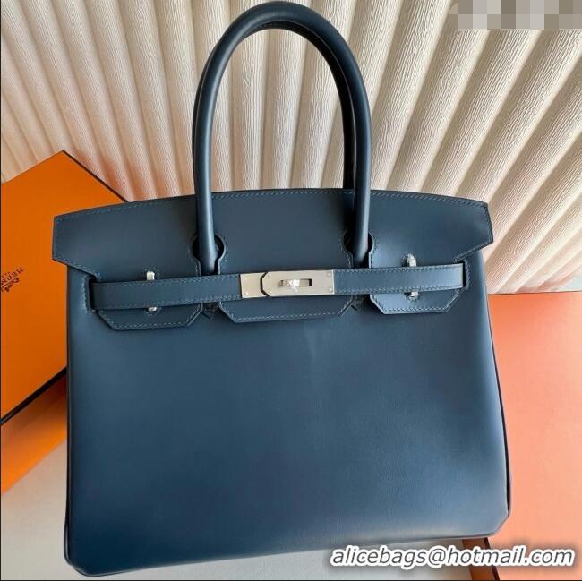 Best Price Hermes Birkin 30cm Bag in Original Box Leather H030 7P Prussian Blue/Silver 2025 (Full Handmade)
