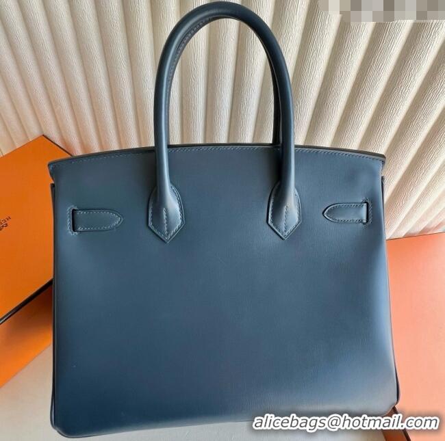 Best Price Hermes Birkin 30cm Bag in Original Box Leather H030 7P Prussian Blue/Silver 2025 (Full Handmade)