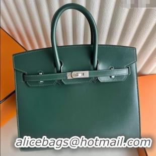 Famous Brand Hermes Birkin Sellier 25cm Bag in Original Box Leather CK67 Green/Silver 2025 (Full Handmade)