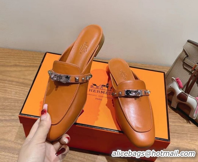 Lowest Price Hermes Oz Flat Mules in Calfskin with Kelly Buckle and Studs Brown 0421009
