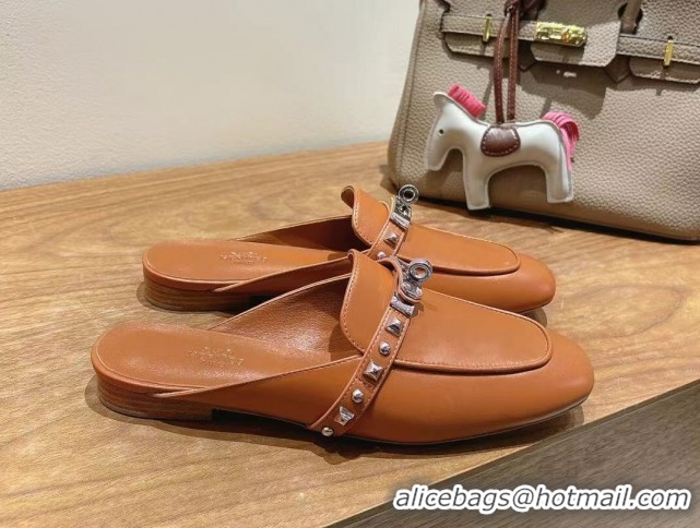 Lowest Price Hermes Oz Flat Mules in Calfskin with Kelly Buckle and Studs Brown 0421009