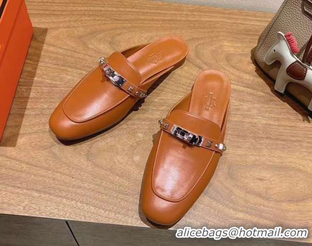 Lowest Price Hermes Oz Flat Mules in Calfskin with Kelly Buckle and Studs Brown 0421009