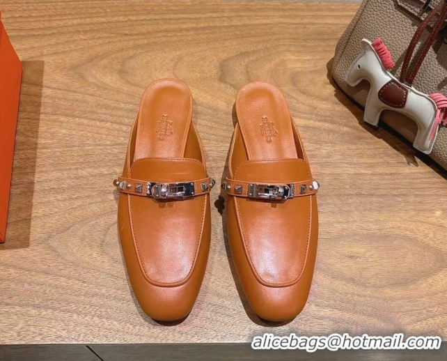 Lowest Price Hermes Oz Flat Mules in Calfskin with Kelly Buckle and Studs Brown 0421009