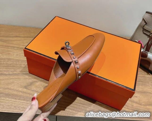 Lowest Price Hermes Oz Flat Mules in Calfskin with Kelly Buckle and Studs Brown 0421009