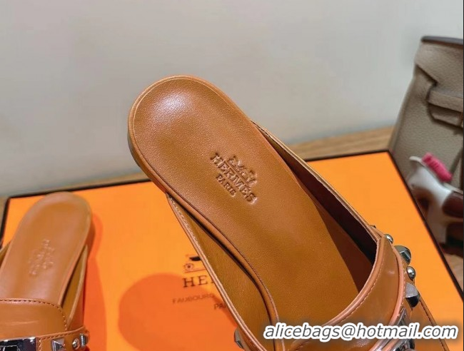 Lowest Price Hermes Oz Flat Mules in Calfskin with Kelly Buckle and Studs Brown 0421009