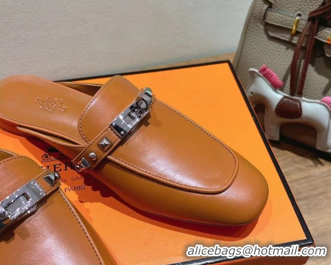 Lowest Price Hermes Oz Flat Mules in Calfskin with Kelly Buckle and Studs Brown 0421009