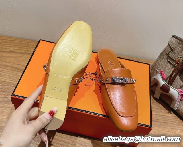 Lowest Price Hermes Oz Flat Mules in Calfskin with Kelly Buckle and Studs Brown 0421009