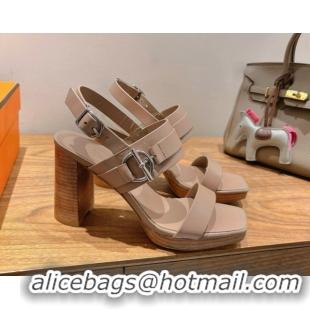 Popular Style Hermes Keen Heel Sandals 9cm in Calfskin Leather with Glenan Buckle Dusty Beige 0421010