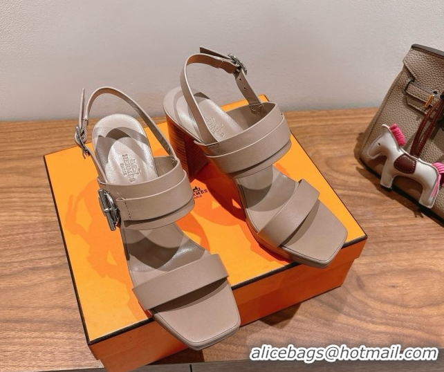Popular Style Hermes Keen Heel Sandals 9cm in Calfskin Leather with Glenan Buckle Dusty Beige 0421010