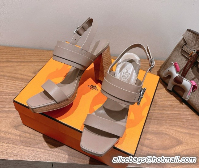 Popular Style Hermes Keen Heel Sandals 9cm in Calfskin Leather with Glenan Buckle Dusty Beige 0421010