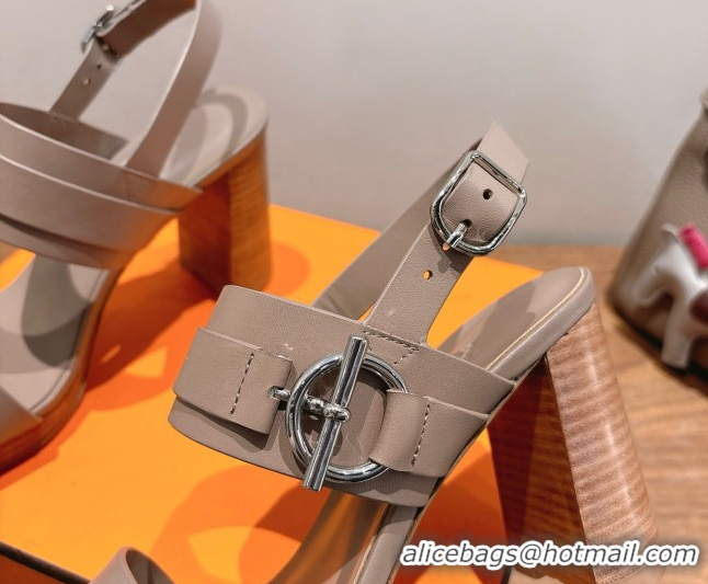 Popular Style Hermes Keen Heel Sandals 9cm in Calfskin Leather with Glenan Buckle Dusty Beige 0421010