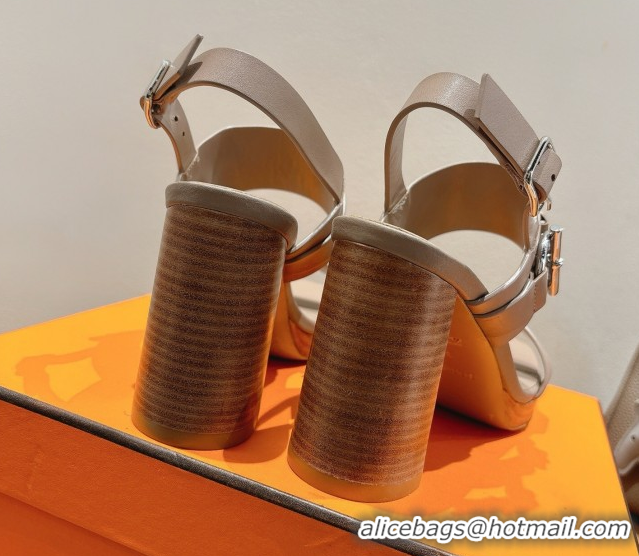 Popular Style Hermes Keen Heel Sandals 9cm in Calfskin Leather with Glenan Buckle Dusty Beige 0421010