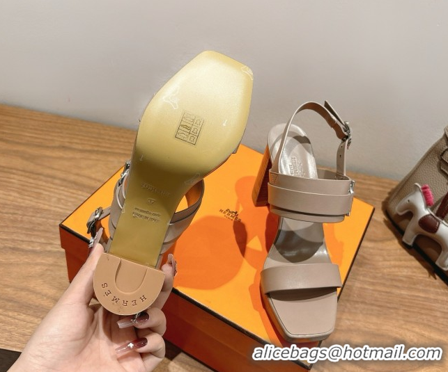 Popular Style Hermes Keen Heel Sandals 9cm in Calfskin Leather with Glenan Buckle Dusty Beige 0421010