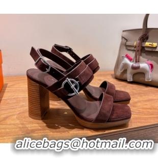 Discount Fashion Hermes Keen Heel Sandals 9cm in Suede with Glenan Buckle Dark Brown 0421011