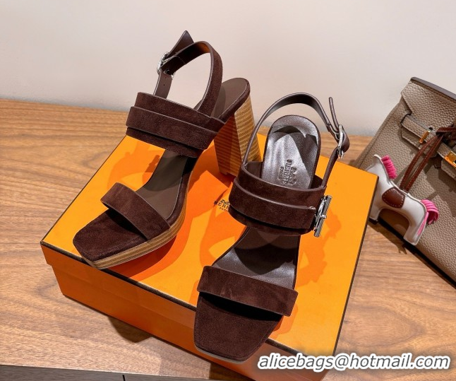 Discount Fashion Hermes Keen Heel Sandals 9cm in Suede with Glenan Buckle Dark Brown 0421011