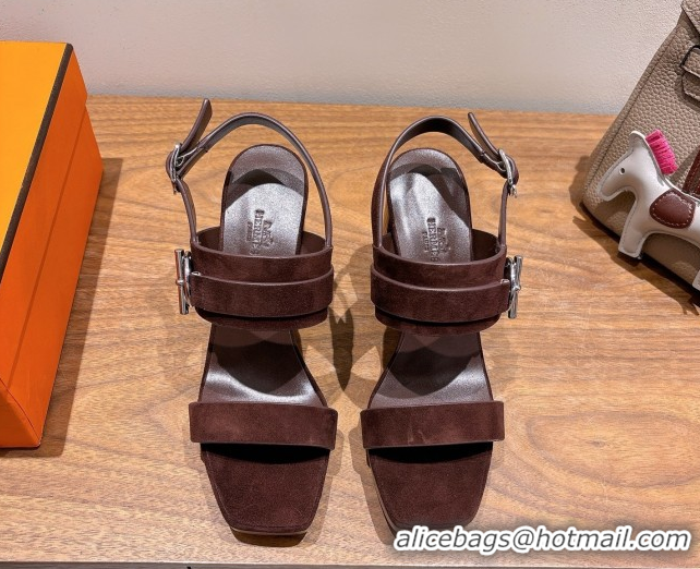 Discount Fashion Hermes Keen Heel Sandals 9cm in Suede with Glenan Buckle Dark Brown 0421011
