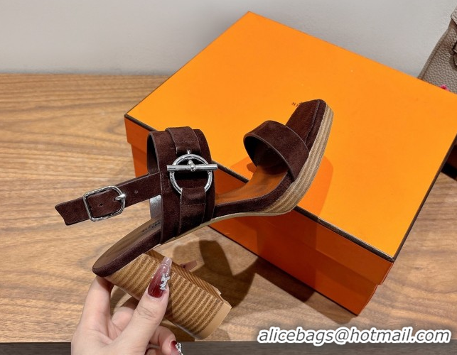 Discount Fashion Hermes Keen Heel Sandals 9cm in Suede with Glenan Buckle Dark Brown 0421011