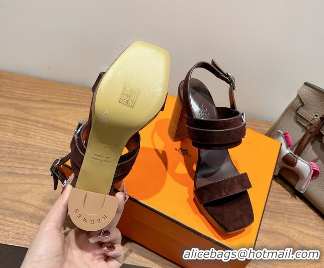 Discount Fashion Hermes Keen Heel Sandals 9cm in Suede with Glenan Buckle Dark Brown 0421011