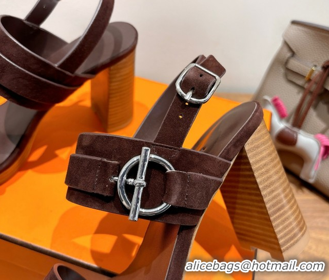 Discount Fashion Hermes Keen Heel Sandals 9cm in Suede with Glenan Buckle Dark Brown 0421011