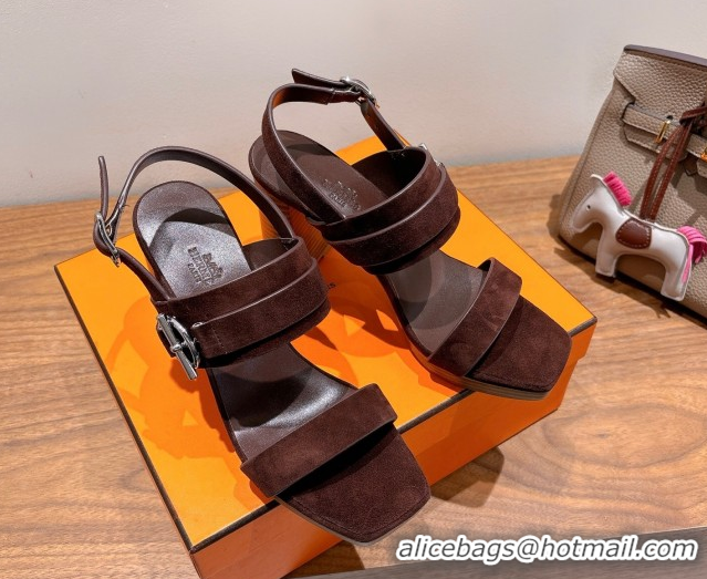 Discount Fashion Hermes Keen Heel Sandals 9cm in Suede with Glenan Buckle Dark Brown 0421011