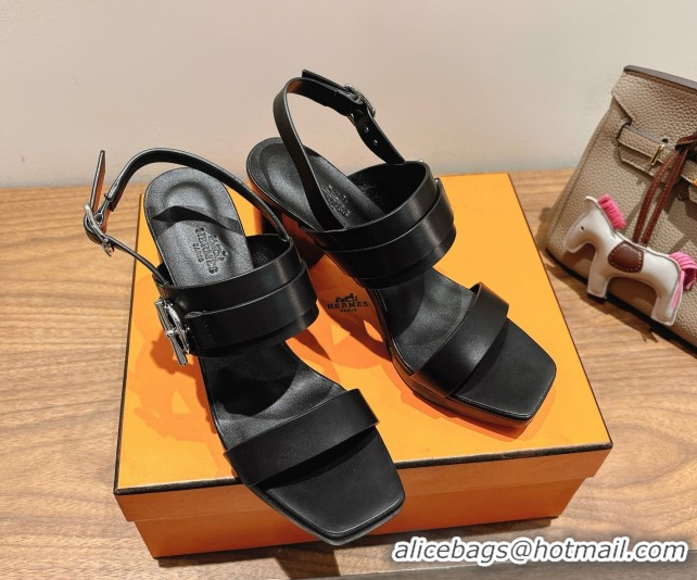Best Price Hermes Keen Heel Sandals 9cm in Calfskin Leather with Glenan Buckle Black 0421012