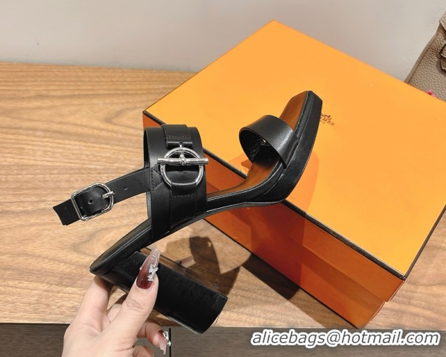 Best Price Hermes Keen Heel Sandals 9cm in Calfskin Leather with Glenan Buckle Black 0421012