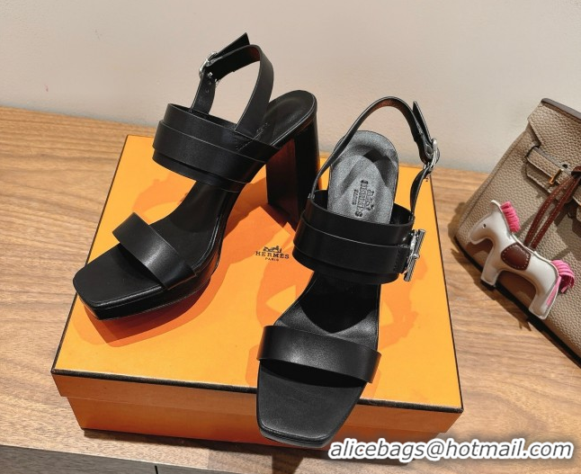 Best Price Hermes Keen Heel Sandals 9cm in Calfskin Leather with Glenan Buckle Black 0421012