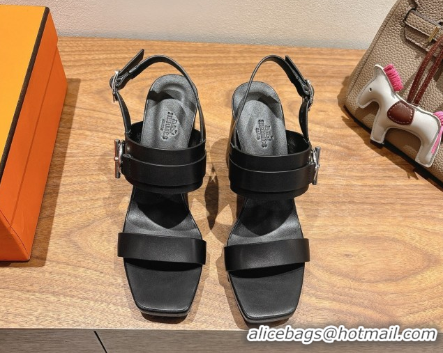 Best Price Hermes Keen Heel Sandals 9cm in Calfskin Leather with Glenan Buckle Black 0421012