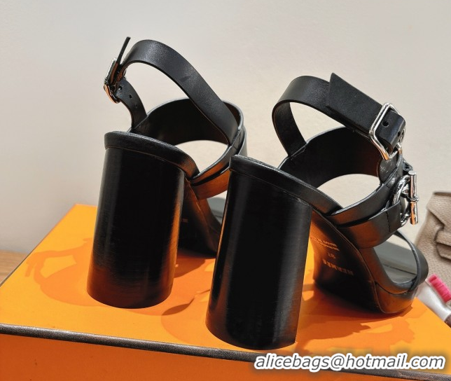 Best Price Hermes Keen Heel Sandals 9cm in Calfskin Leather with Glenan Buckle Black 0421012