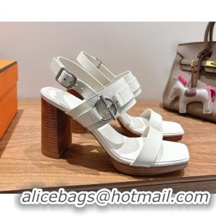 Luxurious Hermes Keen Heel Sandals 9cm in Calfskin Leather with Glenan Buckle White 0421013