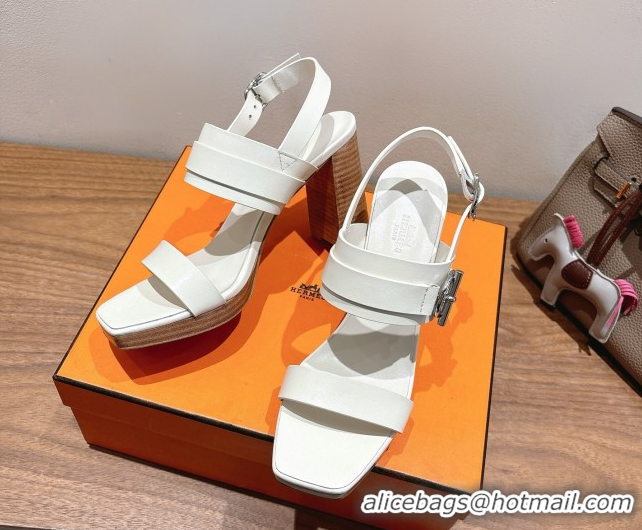 Luxurious Hermes Keen Heel Sandals 9cm in Calfskin Leather with Glenan Buckle White 0421013