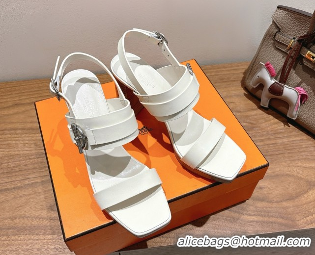 Luxurious Hermes Keen Heel Sandals 9cm in Calfskin Leather with Glenan Buckle White 0421013