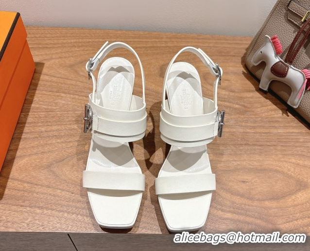 Luxurious Hermes Keen Heel Sandals 9cm in Calfskin Leather with Glenan Buckle White 0421013